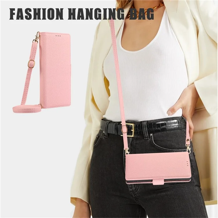 For iPhone 16 Plus Leather Case with Card Holder, Straps, Shockproof Wallet Phone Cover - Pink