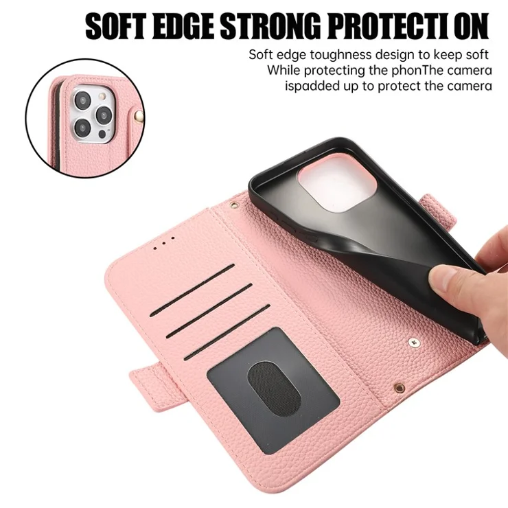 For iPhone 14 Pro Max Leather Case with Card Holder, Straps, Shockproof Wallet Phone Cover - Pink