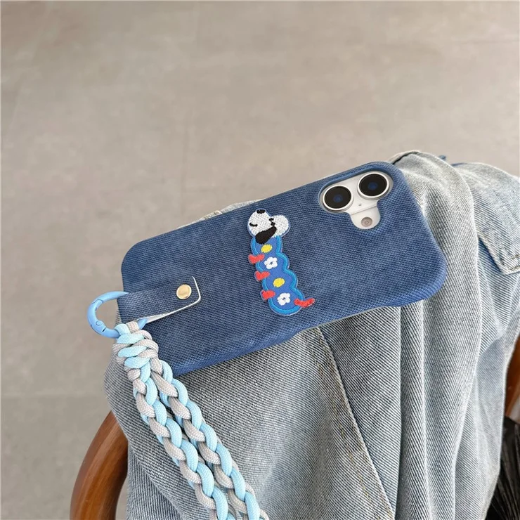 For iPhone 16 Case Jean Cloth PU+PC Phone Back Cover with Braided Handy Strap, Dog Pattern - Dark Blue