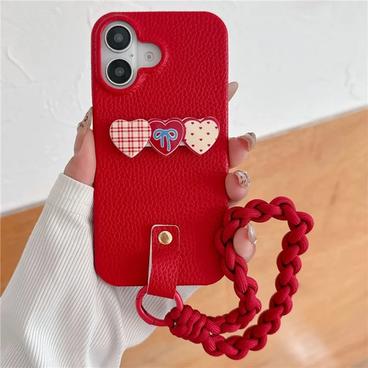 For iPhone 16 Plus Case Christmas Design PU+PC Phone Back Cover with Heart Kickstand, Strap