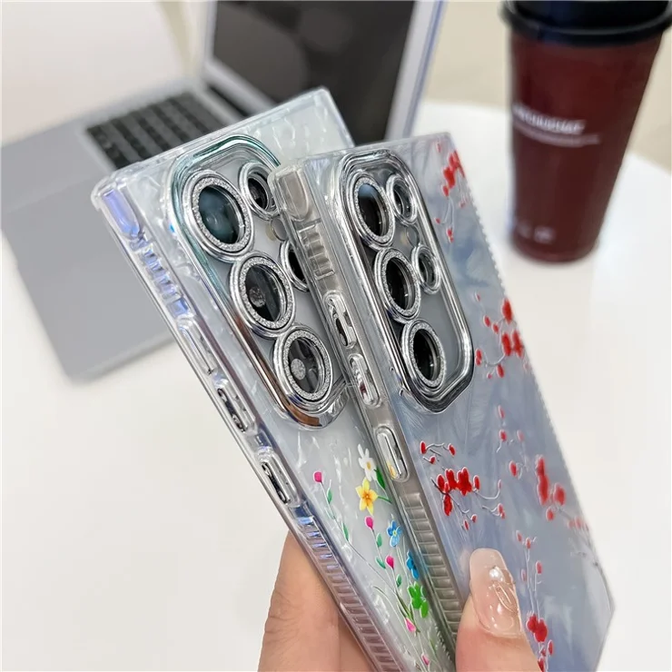 For Samsung Galaxy S24 Ultra Case Electroplated Floral Pattern IMD TPU+PC Phone Back Cover with Glass Lens Film - SH5