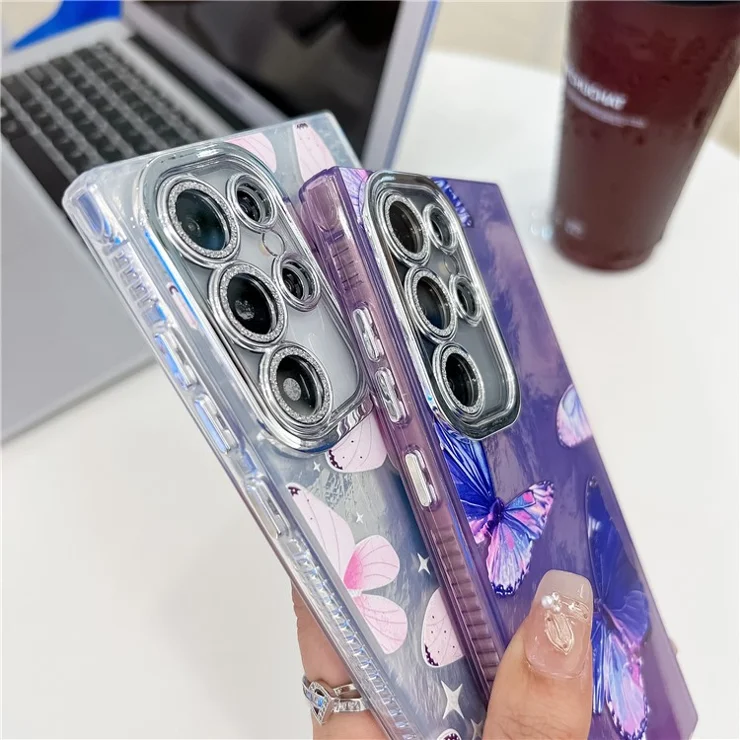 For Samsung Galaxy S24 Ultra Case Electroplated Floral Pattern IMD TPU+PC Phone Back Cover with Glass Lens Film - HU1