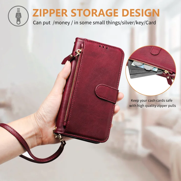 For Samsung Galaxy A55 5G Case Zipper Pocket Multiple Card Slots Leather Phone Cover - Red