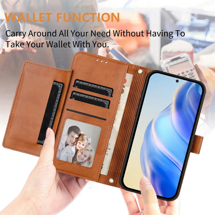 For Samsung Galaxy S24 FE Case Zipper Pocket Multiple Card Slots Leather Phone Cover - Brown