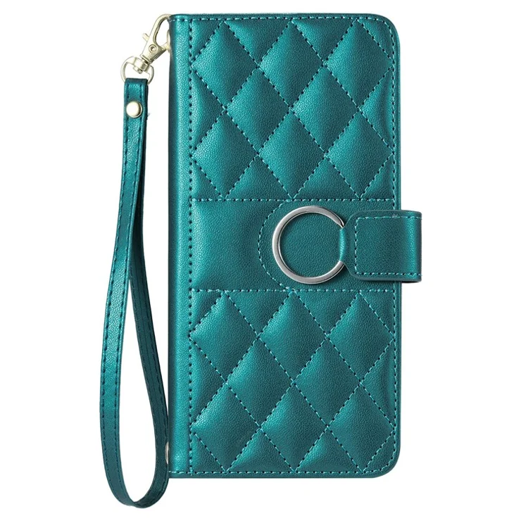 For iPhone 15 Pro Crossbody Leather Case Ring Buckle Wallet Stand Rhombus Mobile Cover - Green