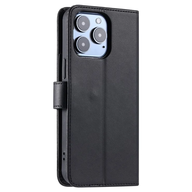 For iPhone 13 Pro Crossbody Leather Case Ring Buckle Wallet Stand Rhombus Mobile Cover - Black