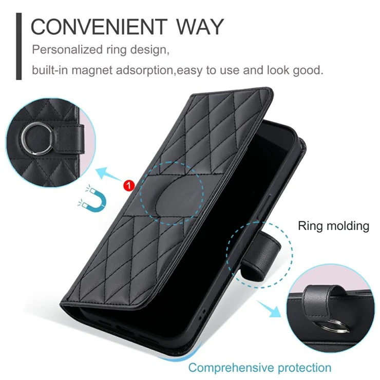 For iPhone 13 Pro Crossbody Leather Case Ring Buckle Wallet Stand Rhombus Mobile Cover - Black