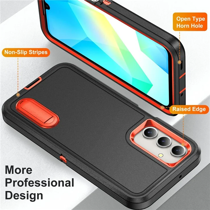 For Samsung Galaxy A16 4G / 5G Case Kickstand Phone Cover PC+Silicone+EVA 3-in-1 Design - Black+Orange