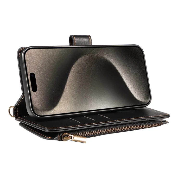 For iPhone 15 Pro Leather Case with Card Holder, RFID Blocking Wallet Phone Cover Rhombus Pattern - Black