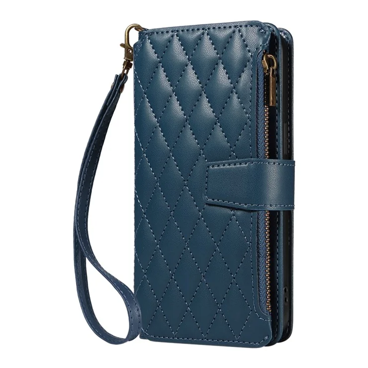 For iPhone 14 Pro Leather Case with Card Holder, RFID Blocking Wallet Phone Cover Rhombus Pattern - Blue