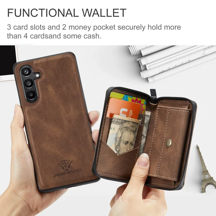 For Samsung Galaxy A16 5G Case JEEHOOD J02 Leather Back Cover with Detachable Zipper Card Holder Kickstand - Brown