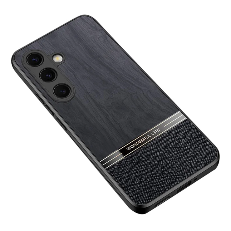 For Samsung Galaxy S25 Case Wood Texture Leather Coated TPU Phone Protective Cover - Black