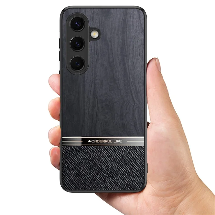 For Samsung Galaxy S25 Case Wood Texture Leather Coated TPU Phone Protective Cover - Black