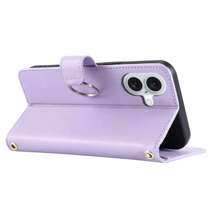 For iPhone 16 Crossbody Leather Case Ring Buckle Wallet Stand Rhombus Mobile Cover - Purple