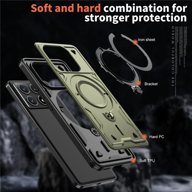 For Xiaomi Poco X6 Pro 5G / Redmi K70E 5G Case Compatible with MagSafe Military Protection PC+TPU Kickstand Phone Cover - Olive Green