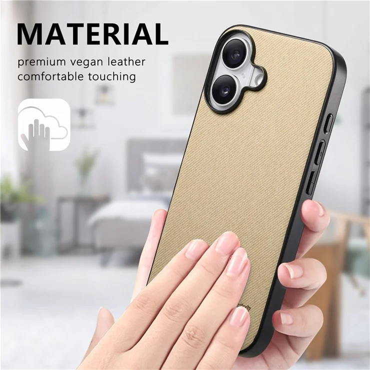 For iPhone 16 Case Cloth Texture Leather+PC+TPU Anti-Drop Phone Cover - Khaki