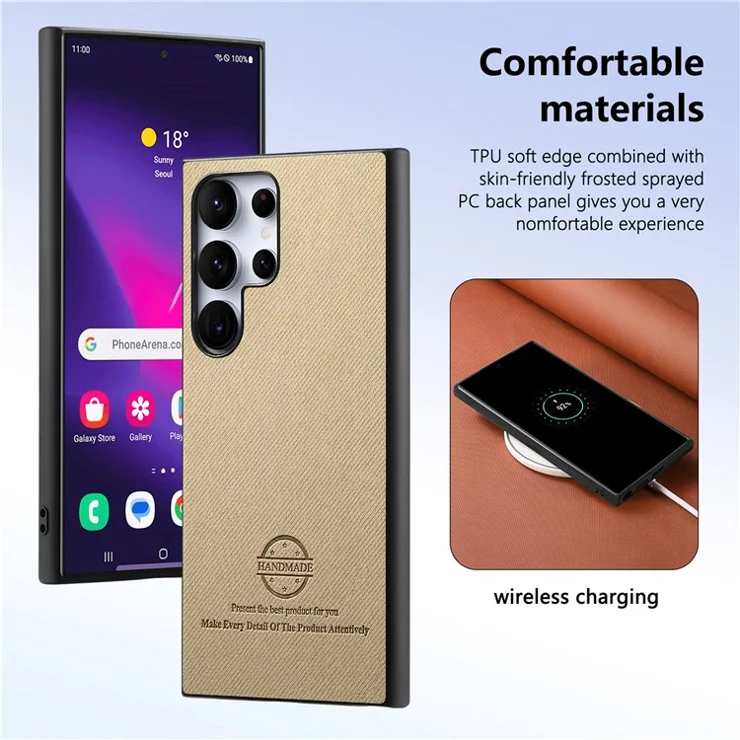 For Samsung Galaxy S24 Ultra Case Cloth Texture Leather+PC+TPU Anti-Drop Phone Cover - Khaki