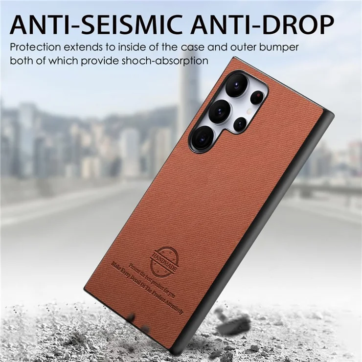 For Samsung Galaxy S23 Ultra Case Cloth Texture Leather+PC+TPU Anti-Drop Phone Cover - Brown