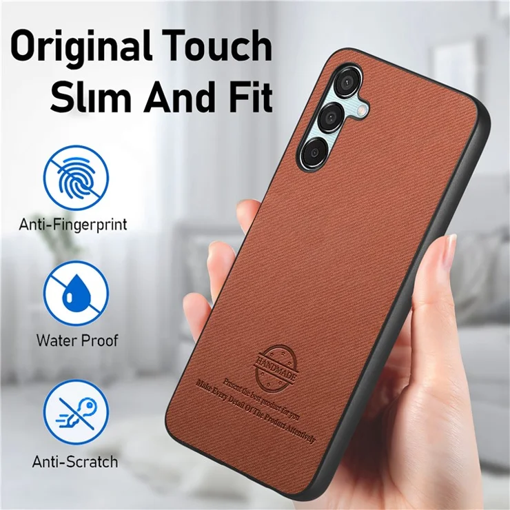 For Samsung Galaxy A55 5G Case Cloth Texture Leather+PC+TPU Anti-Drop Phone Cover - Brown