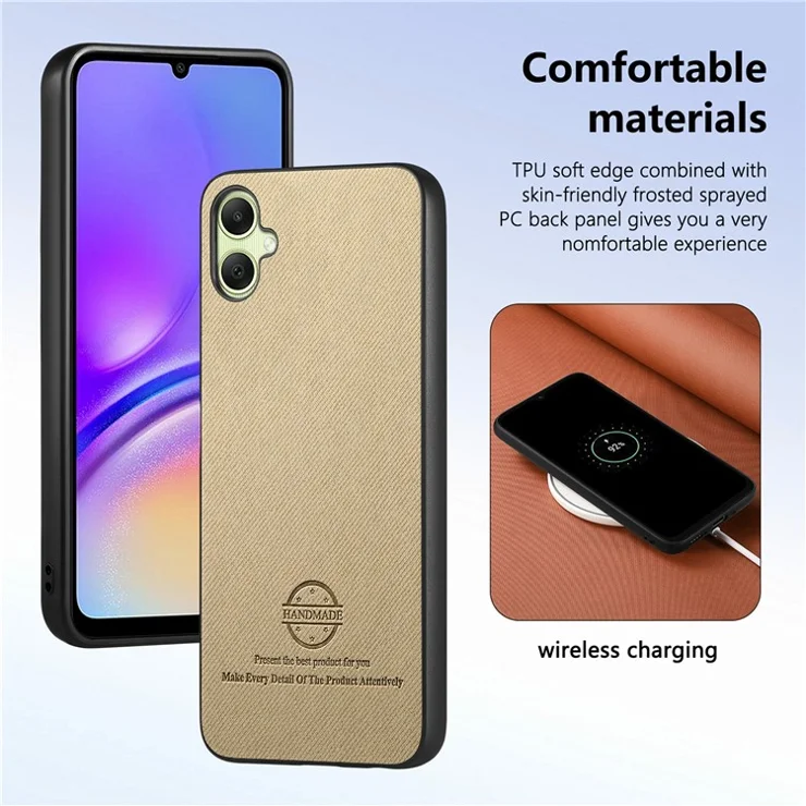 For Samsung Galaxy A06 4G Case Cloth Texture Leather+PC+TPU Anti-Drop Phone Cover - Khaki