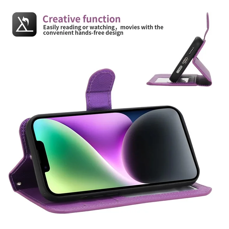 For iPhone 14 Cross Texture Wallet Stand Leather Protective Cover Detachable TPU Back Case - Purple