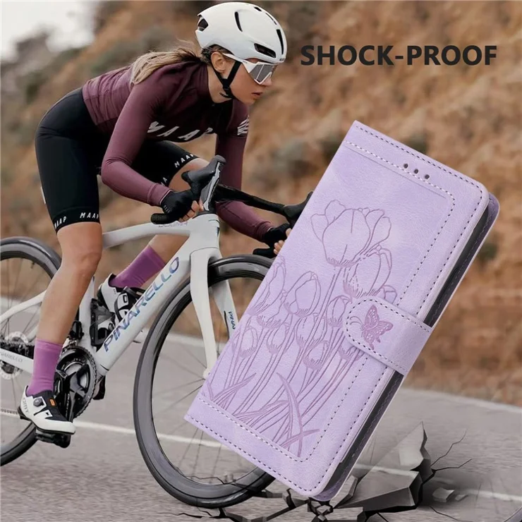 For Samsung Galaxy A14 4G Case Tulip Leather Phone Cover with 5 Card Slots Wallet - Purple