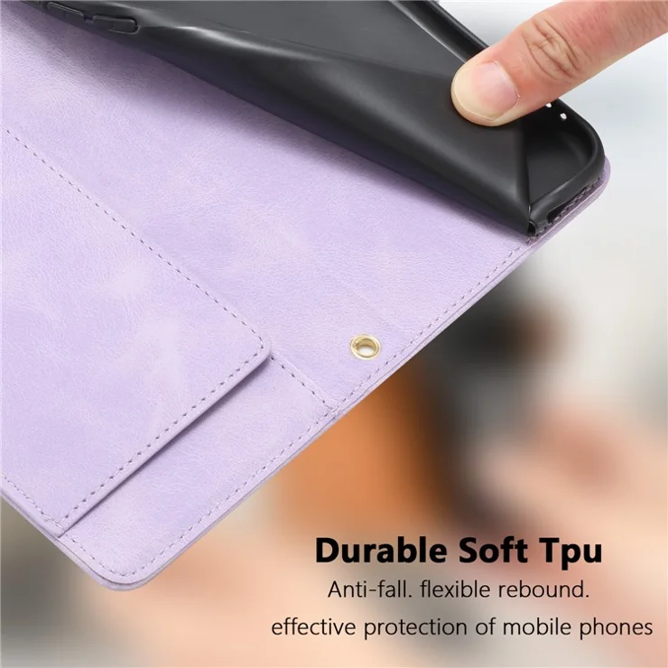 For Samsung Galaxy A14 4G Case Tulip Leather Phone Cover with 5 Card Slots Wallet - Purple