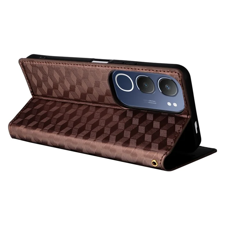 For vivo Y19s 4G / Y29 5G Wallet Case Rhombus Imprinted Leather Phone Cover - Brown