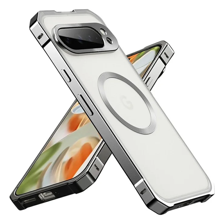 For Google Pixel 9 Case Compatible with MagSafe Hard PC Metal Frame Frosted Phone Back Cover - Titanium Grey