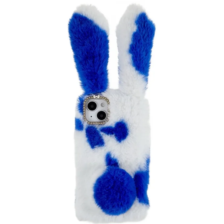 For iPhone 14 Plus Soft Handmade Fluffy Furry Bunny TPU Shell Anti-drop Cute Rabbit Protective Case - Blue