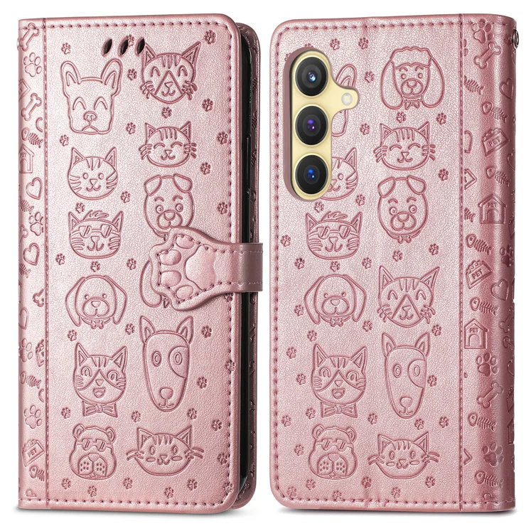 For Samsung Galaxy S25 Leather Wallet Case Flip Phone Cover with Cute Cat Dog Pattern - Rose Gold