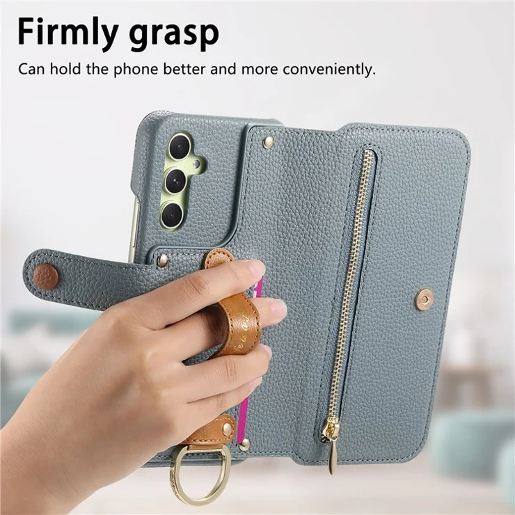 For Samsung Galaxy A14 4G / 5G Case RFID Blocking Zipper Wallet PU Leather Mobile Cover - Blue