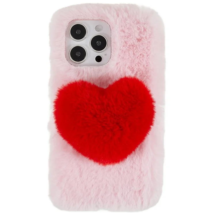 For iPhone 14 Pro Cute Love Heart Design Fluffy Plush TPU Protective Case Flexible Mobile Phone Back Cover - Pink