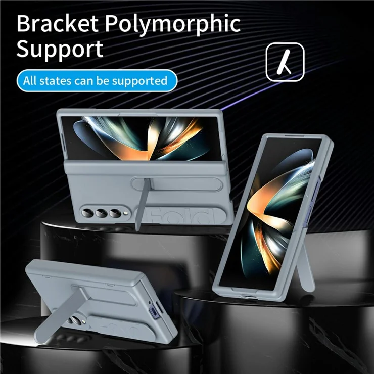 For Samsung Galaxy Z Fold3 5G Case with Tempered Glass Film Silicone Wristband Kickstand PC Phone Cover - Grey