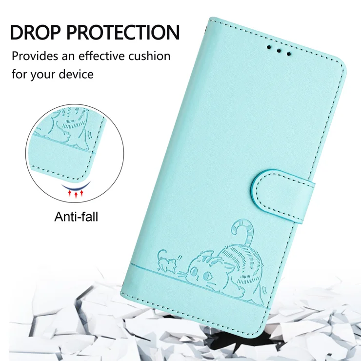 For iPhone 16 Case with Strap RFID Blocking Leather Wallet Phone Cover Cat Mouse Pattern - Mint Green