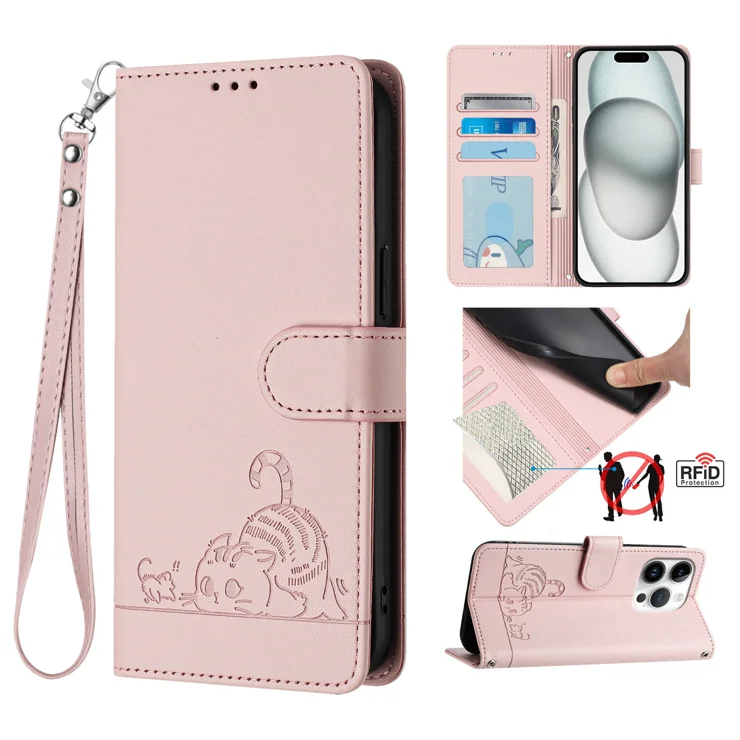 For iPhone 16 Pro Max Case with Strap RFID Blocking Leather Wallet Phone Cover Cat Mouse Pattern - Pink
