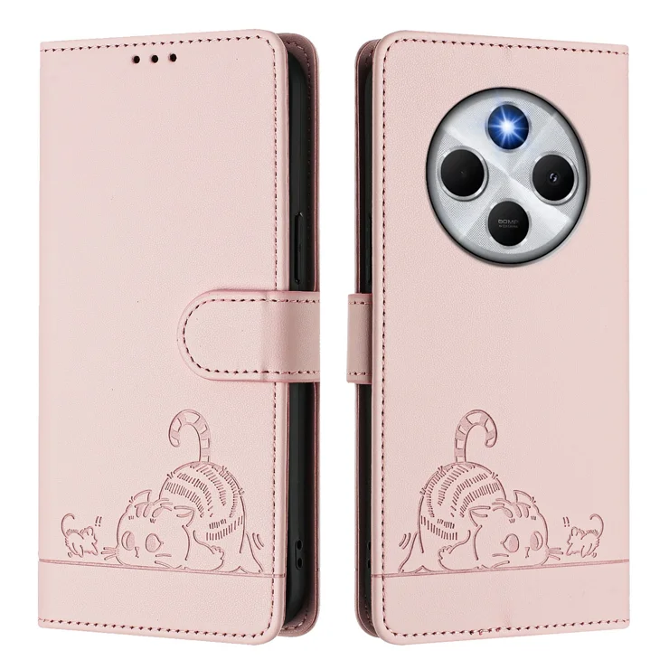 For Xiaomi Redmi 14R 5G / Poco C75 4G / Redmi 14C 4G Case with Strap RFID Blocking Leather Wallet Phone Cover Cat Mouse Pattern - Pink