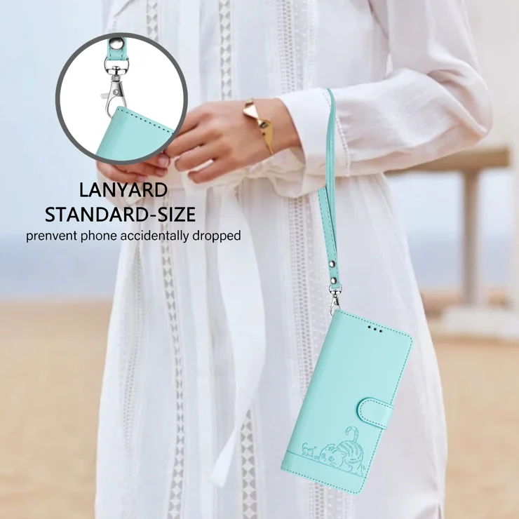 For Xiaomi Redmi Note 14 5G Case with Strap RFID Blocking Leather Wallet Phone Cover Cat Mouse Pattern - Mint Green