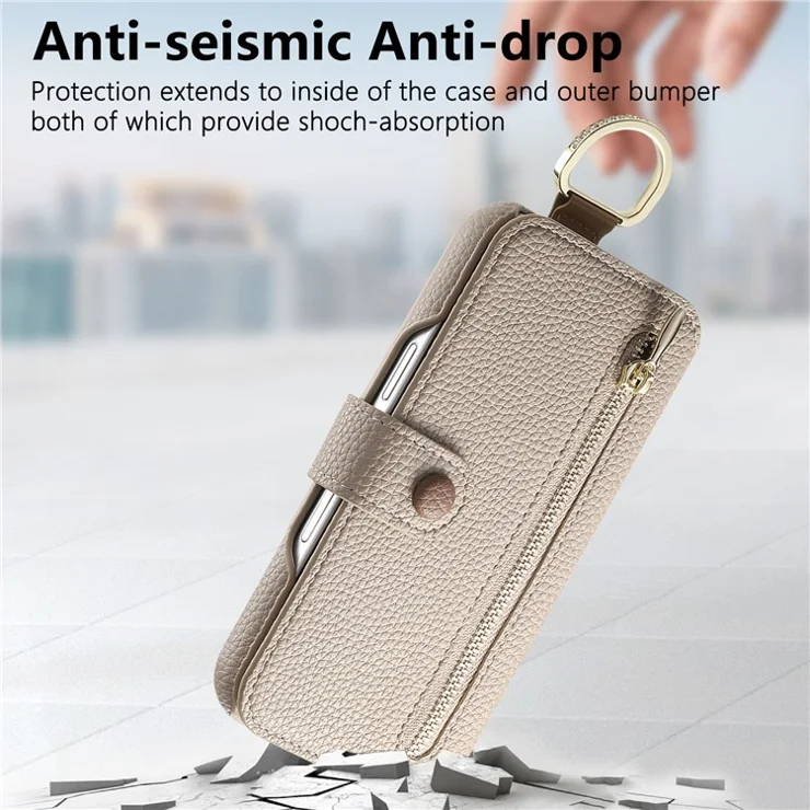 For Samsung Galaxy A06 4G Case RFID Blocking Zipper Wallet PU Leather Mobile Cover - Khaki