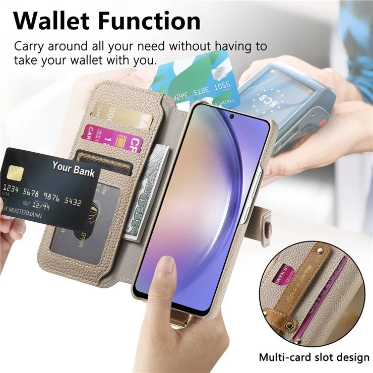For Samsung Galaxy S24 Case RFID Blocking Zipper Wallet PU Leather Mobile Cover - Khaki