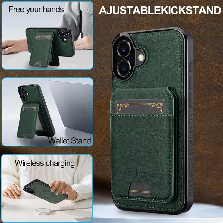 LC.IMEEKE L3 For iPhone 16 Magnetic Case Detachable Card Holder Leather+TPU Mobile Cover - Green