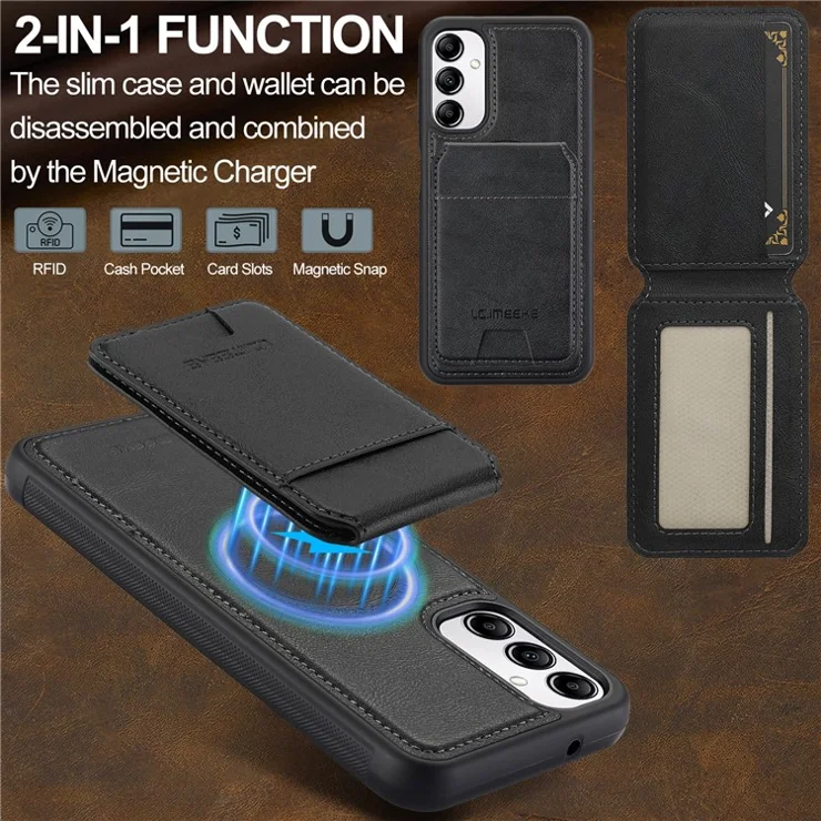 LC.IMEEKE L3 For Samsung Galaxy A14 4G / 5G Magnetic Case Detachable Card Holder Leather+TPU Mobile Cover - Black