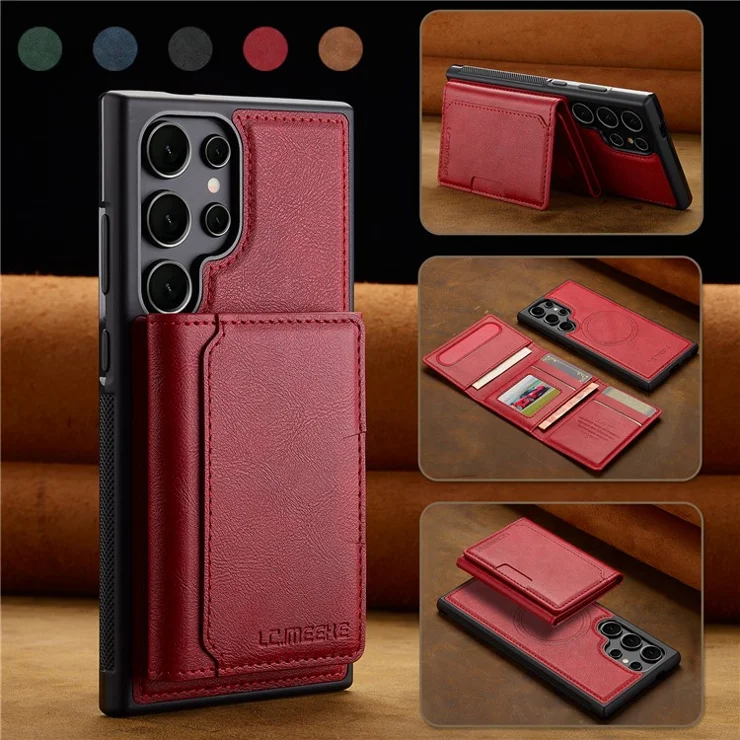 LC.IMEEKE L5 For Samsung Galaxy S24 Ultra Magnetic Phone Case Leather Back Cover with Detachable Card Holder - Red