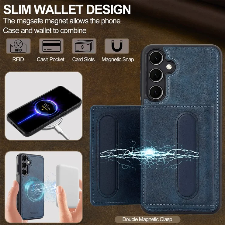 LC.IMEEKE L5 For Samsung Galaxy A55 5G Magnetic Phone Case Leather Back Cover with Detachable Card Holder - Blue