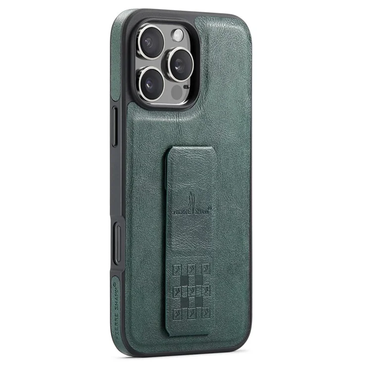 FIERRE SHANN For iPhone 15 Pro Max Case Kickstand Leather Slim Back Cover - Green