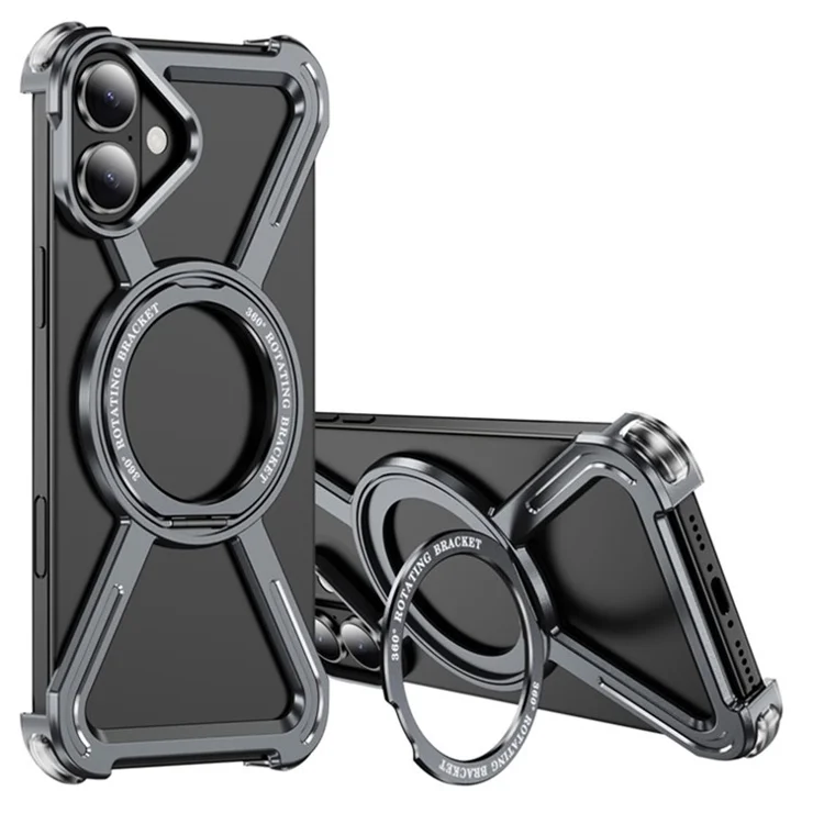 For iPhone 16 Magnetic Case Rotating Kickstand Metal Bumper Phone Cover - Grey