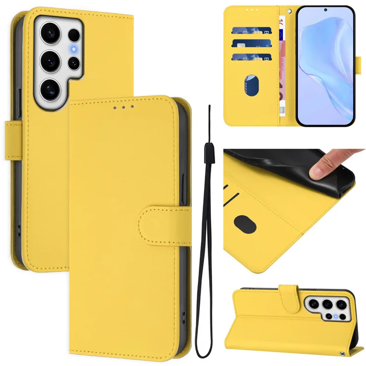 For Samsung Galaxy S24 Ultra Case Solid Color Wallet Leather Phone Cover with Strap - Lemon