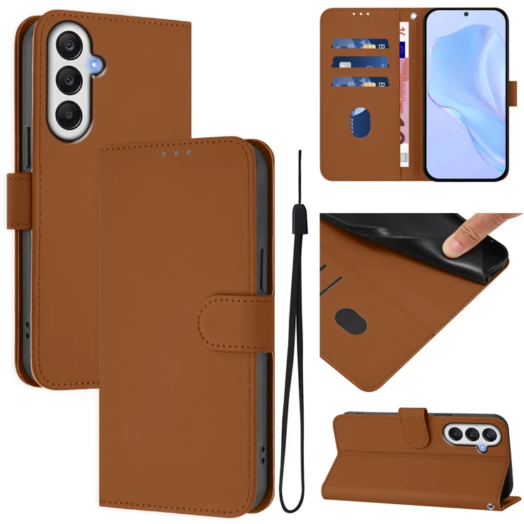 For Samsung Galaxy A15 5G / Galaxy A15 4G Case Solid Color Wallet Leather Phone Cover with Strap - Brown