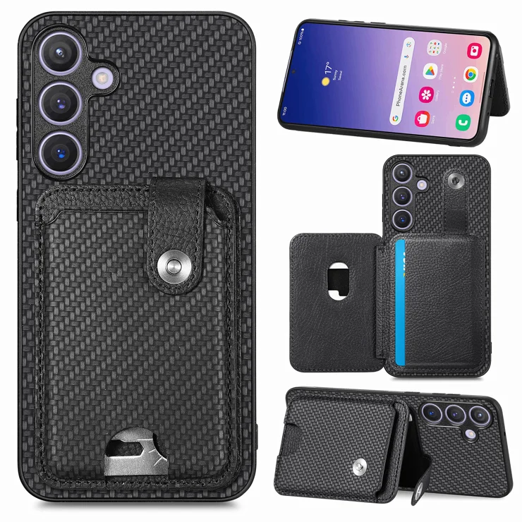 For Samsung Galaxy S25 Case Card Slots Kickstand Phone Back Cover with Card Tool - Black