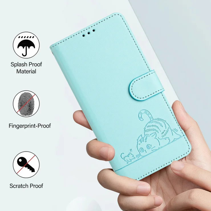 For Xiaomi 15 Pro Case with Strap RFID Blocking Leather Wallet Phone Cover Cat Mouse Pattern - Mint Green